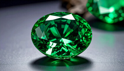 EMERALD in a faceted ROUND shape lies on a grey surface; flat lay; wallpaper