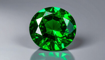 EMERALD in a faceted ROUND shape lies on a grey surface; flat lay; wallpaper