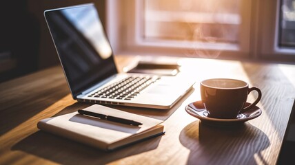 Laptop journal and coffee basking in sunlight