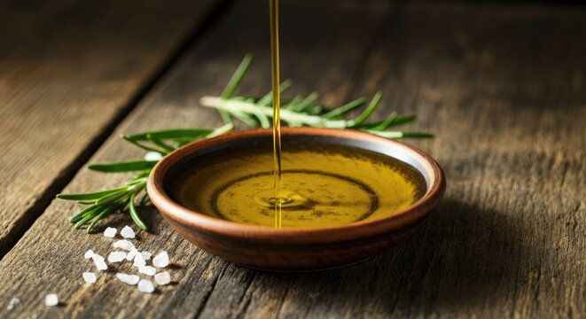 A small bowl of olive oil with a drizzle pouring in. Fresh rosemary sprigs and sea salt crystals are placed beside the bowl on a rustic wooden surface.