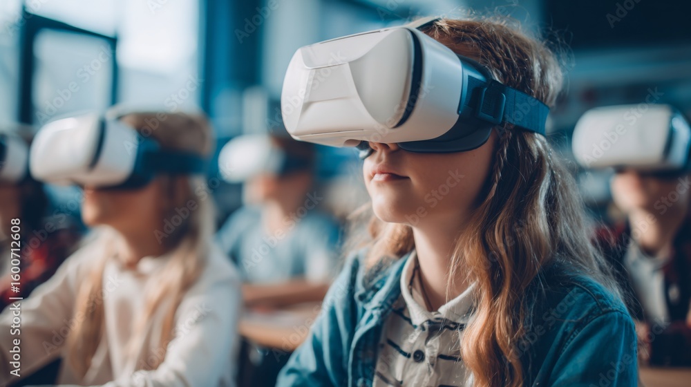 Poster students engaged in virtual reality exploration with headsets in a classroom setting