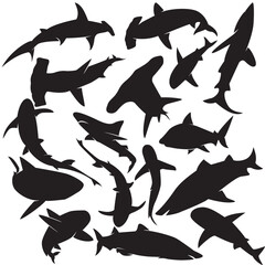 Illustration vector graphics of a set Shark silhouette in various dynamic poses perfect for background, stickers, Clipart, decorations, animals themed, logo, icon, etc