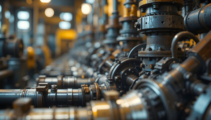 Fototapeta premium Close-up of industrial machinery parts with metallic textures in a warm factory environment 
