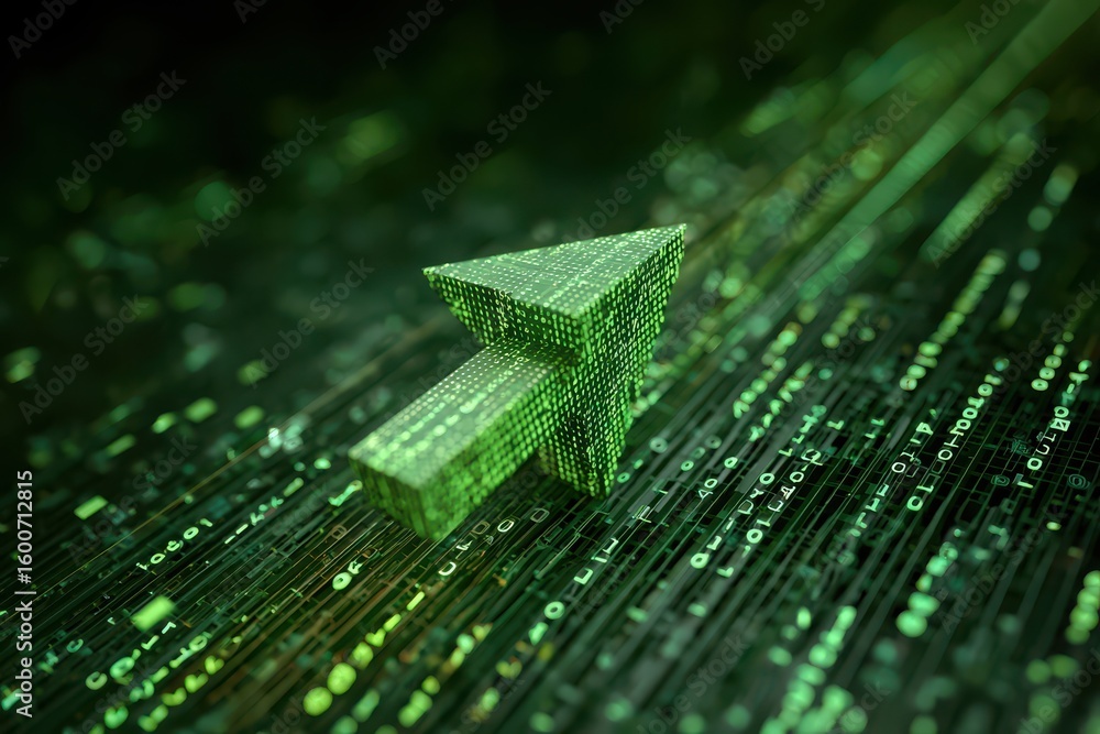 Poster green arrow pointing upwards, composed of small cubes, on flowing binary code