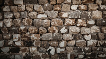 Detailed shot of an aged structure's stone and cobblestone wall with mortar