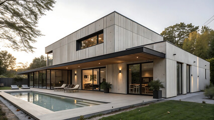 Modern architectural luxury home with swimming pool and outdoor living space at sunset