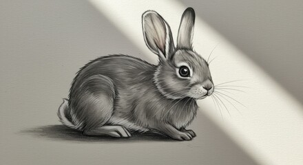 A detailed gray rabbit drawing crouches on a textured surface partially lit