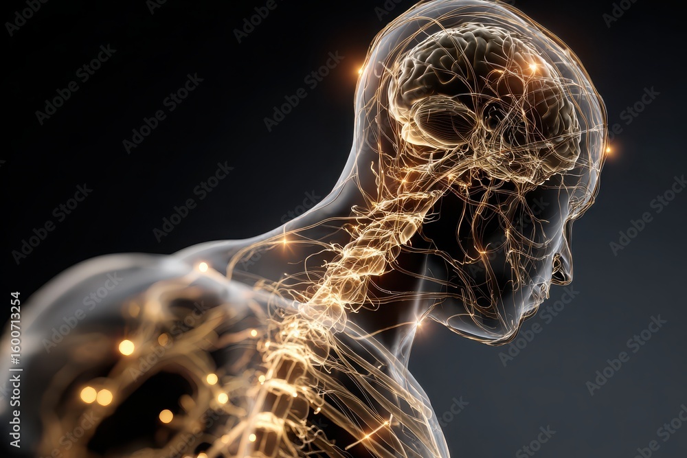 Poster human form with glowing neural networks depicting brain and nervous system activity