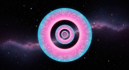 A nested series of glowing cyanpink circles with white geometric designs set against a starry cosmic backdrop