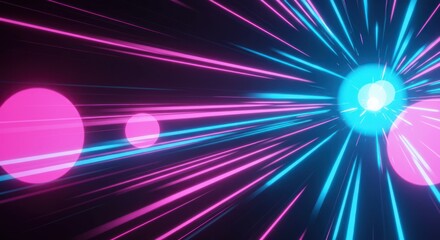 A lightspeed abstract image of neon blue  pink streaks converging towards a bright sphere amid blurred pink circles