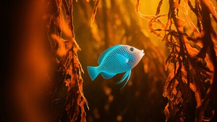 Luminous Blue Fish Amidst Orange Seaweed Forest