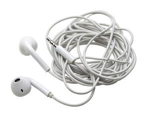 A tangled mess of white earphones with a plug is isolated on a transparent background in studio shot