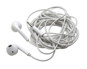 A tangled mess of white earphones with a plug is isolated on a transparent background in studio shot