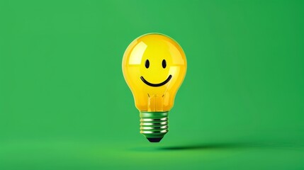 A cheerful yellow light bulb featuring a smiley face, glowing against a vibrant green background, symbolizing ideas and positivity.