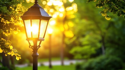 Warm sunlight illuminating street lamp in lush green park setting