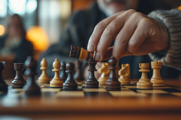 Focused hand about to move a chess piece on a wooden board during a mid-game sequence. Shallow depth of field enhances tension and drama. Subtle bokeh background.