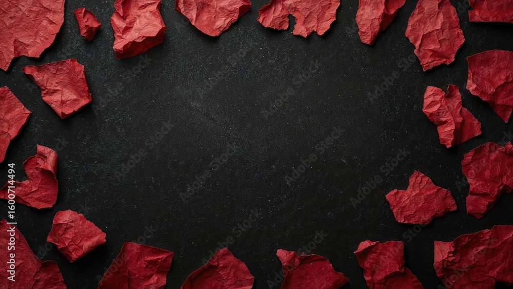 Poster bits of ripped red note paper on a dark canvas with area for text