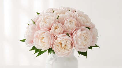 pink peonies arranged in a white vase with green leaves against a soft blurred background