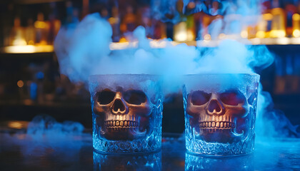 two glasses with skull decorations and dry ice emitting smoke, creating a spooky Halloween atmosphere in a bar