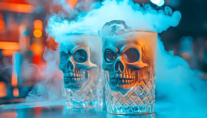 two glasses with skull decorations and dry ice emitting smoke, creating a spooky Halloween atmosphere in a bar