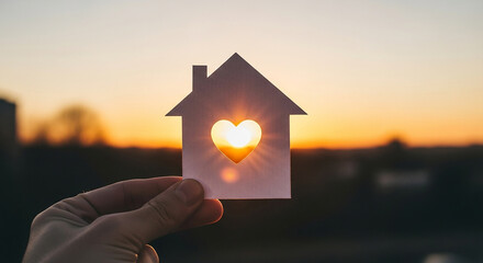 Sunlight shining through heart cutout in wooden house representing home love warmth emotional bonding and real estate family connection
