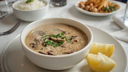 Potato and rice soup enriched with mushrooms