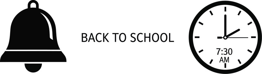Vector art of a black and design shows a bell and a clock set to 7:30 am with back to school text