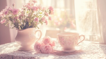 Pastel pink roses and teacup on lace tablecloth in soft sunlight