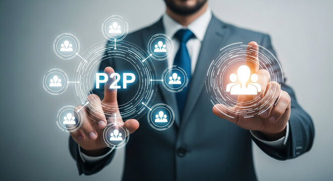Businessman activating p2p peer to peer icon on futuristic interface representing financial transaction sharing network or secure digital payment method
