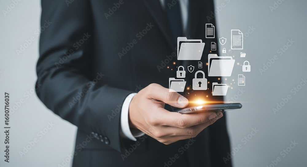 Poster businessman using smartphone with floating security icons representing data protection internet priv