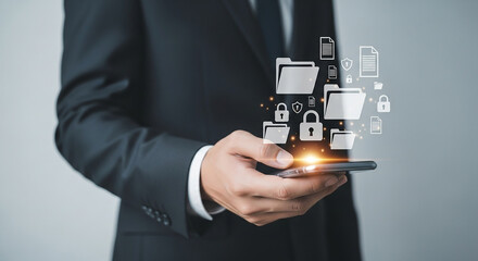 Businessman using smartphone with floating security icons representing data protection internet privacy cyber safety and online access control system

