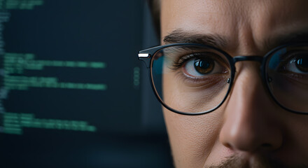 Focused developer coder wears glasses working on computer looking at programming code data cyber security digital tech reflecting in spectacles developing software program, focus on eye close up view.