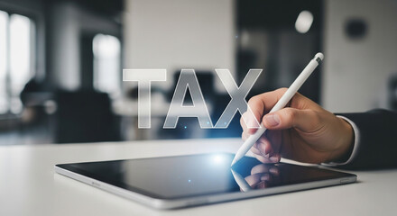 Businessman signing tax word on digital interface representing taxation financial regulation income filing business compliance and accounting strategy
