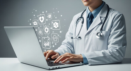 Doctor using laptop with futuristic medical icons showing telemedicine digital health data analytics or online patient management system
