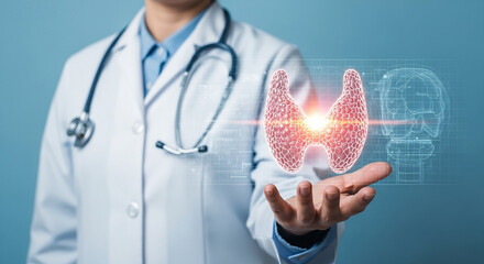 Doctor with stethoscope holding glowing thyroid icon representing medical care hormonal health endocrine system or internal medicine diagnostics
