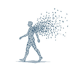 Abstract human figure decomposing into numerous flying birds concept of transformation and change