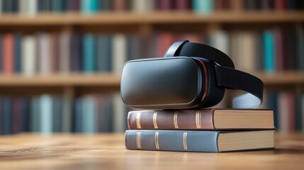 Virtual reality headset on books education technology concept