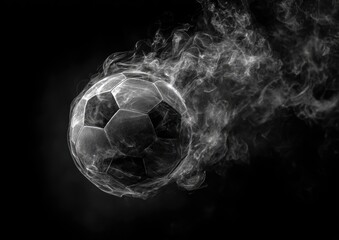 Naklejka premium A grayscale soccer ball, seemingly made of smoke, streaks across a black background, leaving a wispy trail