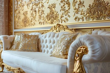 stylist and royal Elegant interior, gold living room with white sofa, space for text, photographic