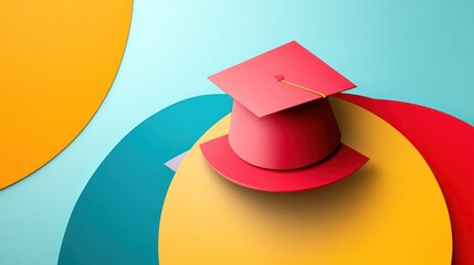 Red graduation cap on colorful abstract background education success concept