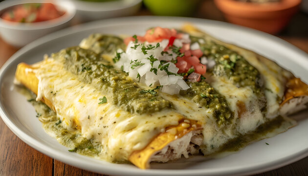 Delicious enchiladas verdes filled with chicken and topped with green tomatillo sauce, cheese, and toppings presented on a white plate