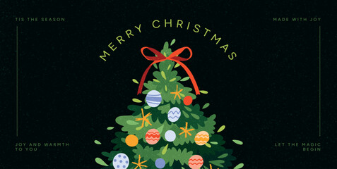 Christmas Tree with Red Bow and Colorful Baubles on Dark Background. Festive Winter Holiday Scene with Star Ornaments and Evergreen Branches. Vector Illustration for Christmas and New Year Greeting