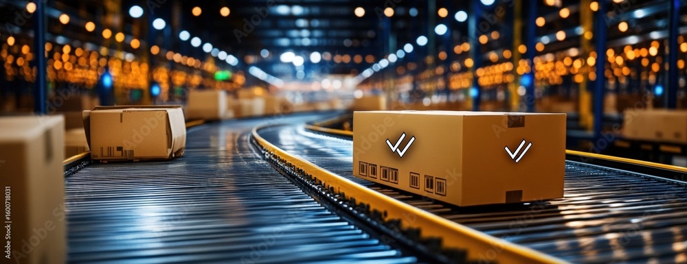 Poster automated conveyor system transporting cardboard boxes inside a modern warehouse with bright industr