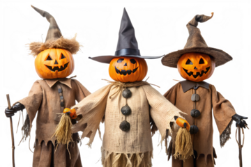 Three scarecrows with carved pumpkin heads and traditional costumes stand together adorned with hats and holding sticks isolated on transparent background