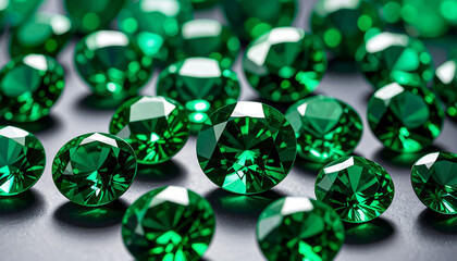 MANY EMERALDS in a faceted ROUND shape lies on a grey surface; flat lay; wallpaper