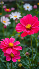 Obraz premium Nature of cosmos flower in garden using as cover page background natural flora wallpaper or template brochure landing page design, enhance. White tone