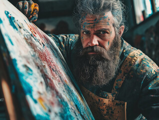 Charismatic male painter covered in paint passionately works on abstract canvas in his studio. Concept of artistic chaos, creativity, and emotional self-expression in focus.