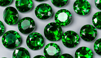 MANY EMERALDS in a faceted ROUND shape lies on a grey surface; flat lay; wallpaper