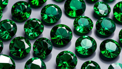 MANY EMERALDS in a faceted ROUND shape lies on a grey surface; flat lay; wallpaper