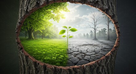 Tree trunk encircling two landscapes one lush one barren divided by a sprouting plant